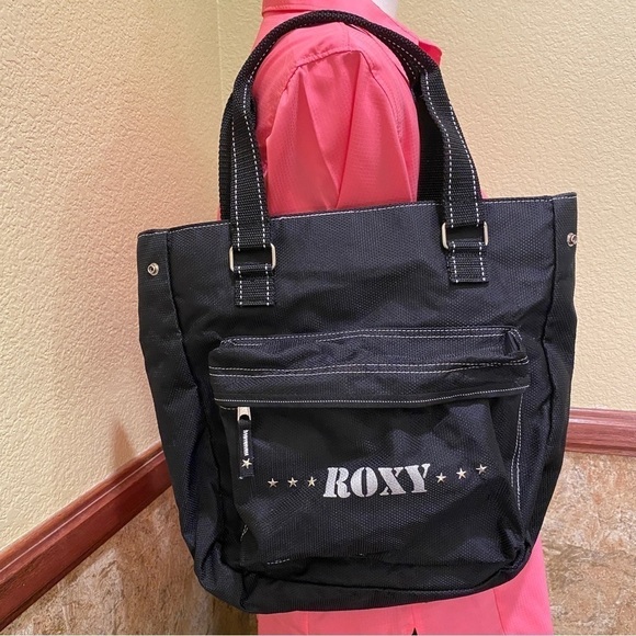 ROXY Nylon Handbag Black Military Stars Glitter Logo Adjustable Side Snaps Purse - Picture 1 of 10
